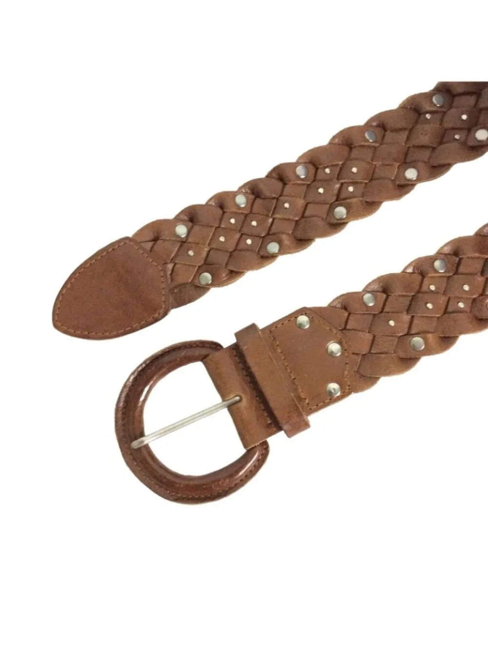 Old Navy Womens Belt Size Medium Brown Leather Braided Woven Studded Boho Hippie